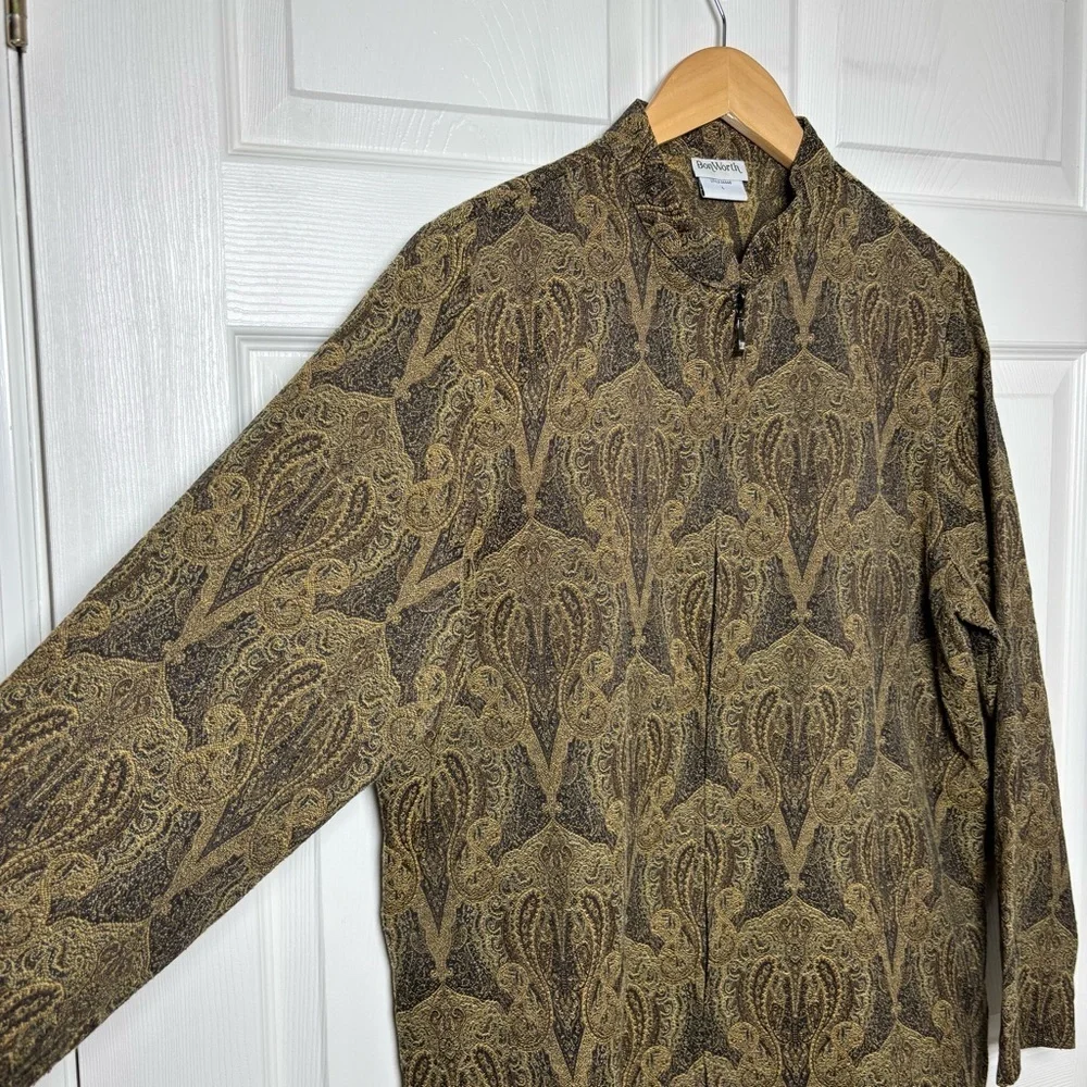 BonWorth Tapestry Jacket Women's Large Full Zipper Brown Paisley Jacquard Granny